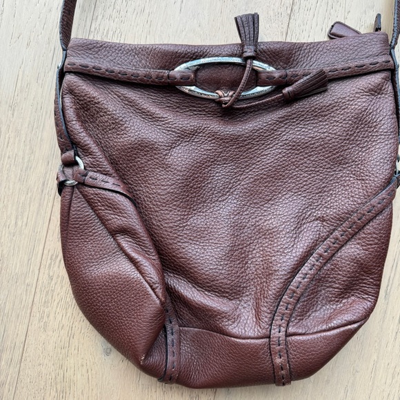 Brighton Shoulder Bag Top Stitching Silver Buckle Tassel Brown Pebbled Leather - Picture 2 of 8